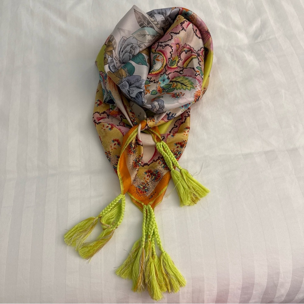 Johnny Was Yellow Tassels Floral Patterned Silk Scarf  42” Square